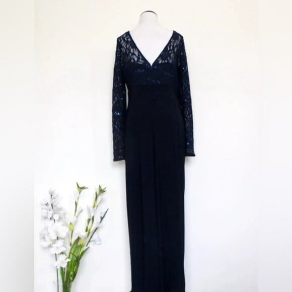 Lauren Ralph Lauren Evening Sequin Lace Maxi Dress Gown Navy Blue SZ 10 - Picture 4 of 7